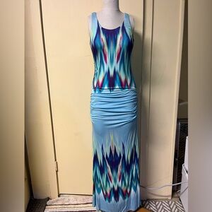 Sky Light Blue Multicolor Ikat Print Maxi Dress